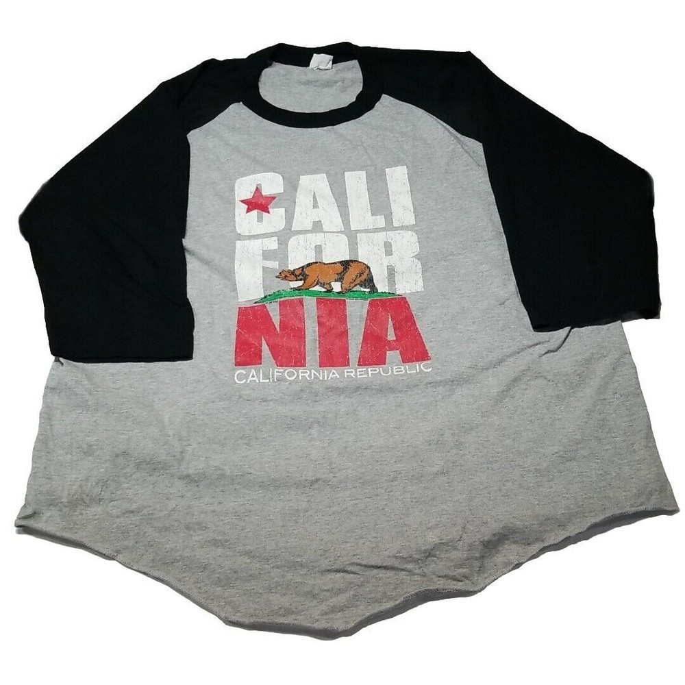California Republic Shaka Shirt Mens 2XL Baseball 3/4 Raglin Sleeve Gray Black